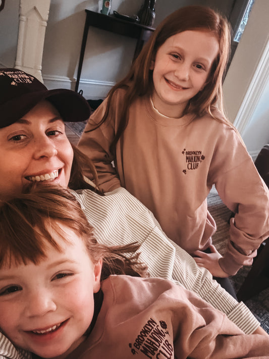 dusty pink and wine brooklyn mahjong club sweatshirts